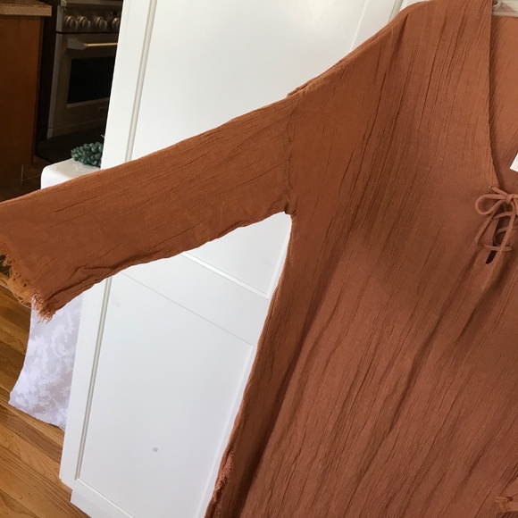 ZARA Dress Kaftan Coverup Lace Up Tie V Neck Frayed Hem Terra-Cotta Size Large - Picture 4 of 16
